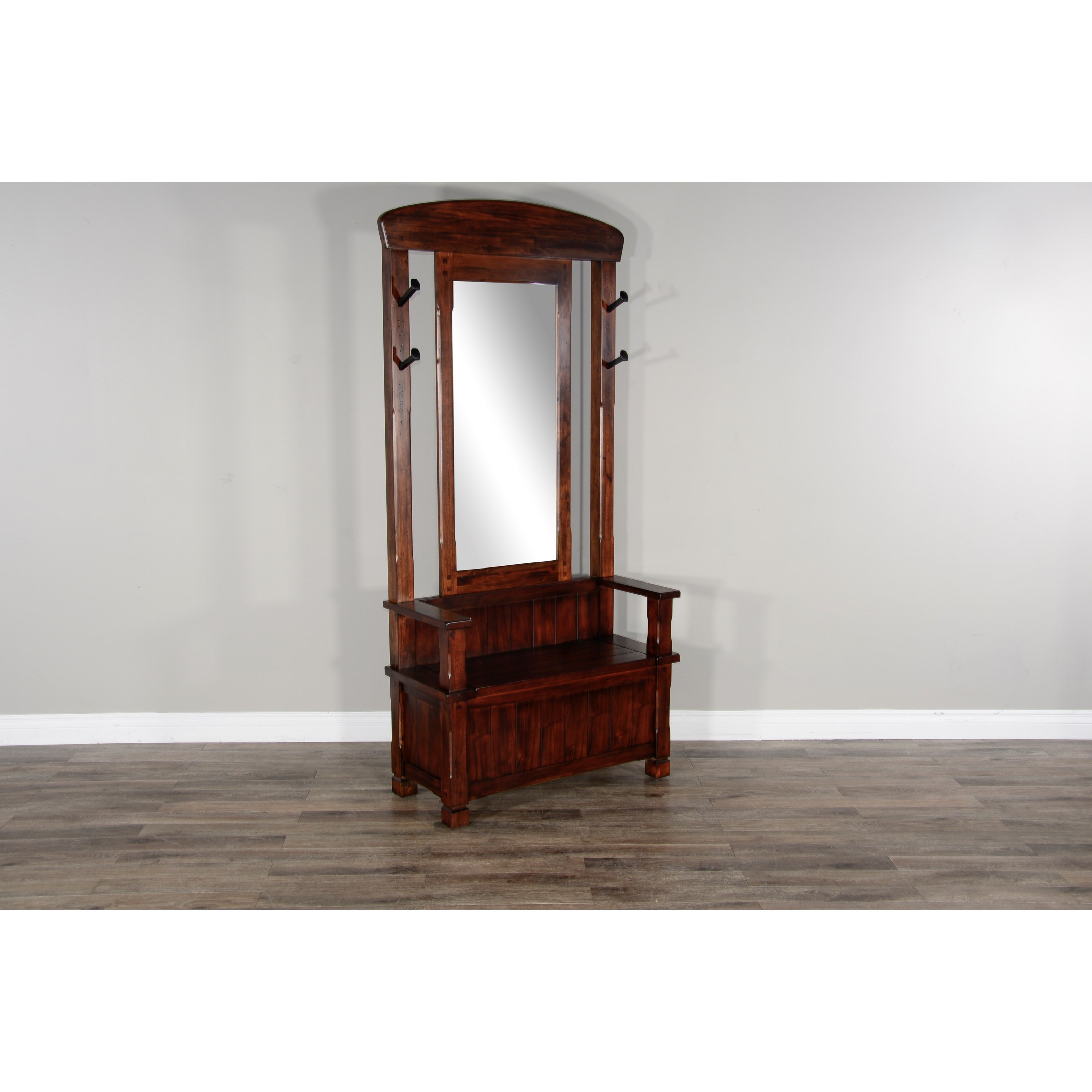 Antique hall tree with mirror and top storage bench